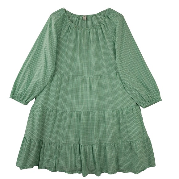 J. Crew Factory Dresses & Skirts - J Crew Dress Womens Large Green Gingham Cotton Blend Poplin Raglan Tiered Mini